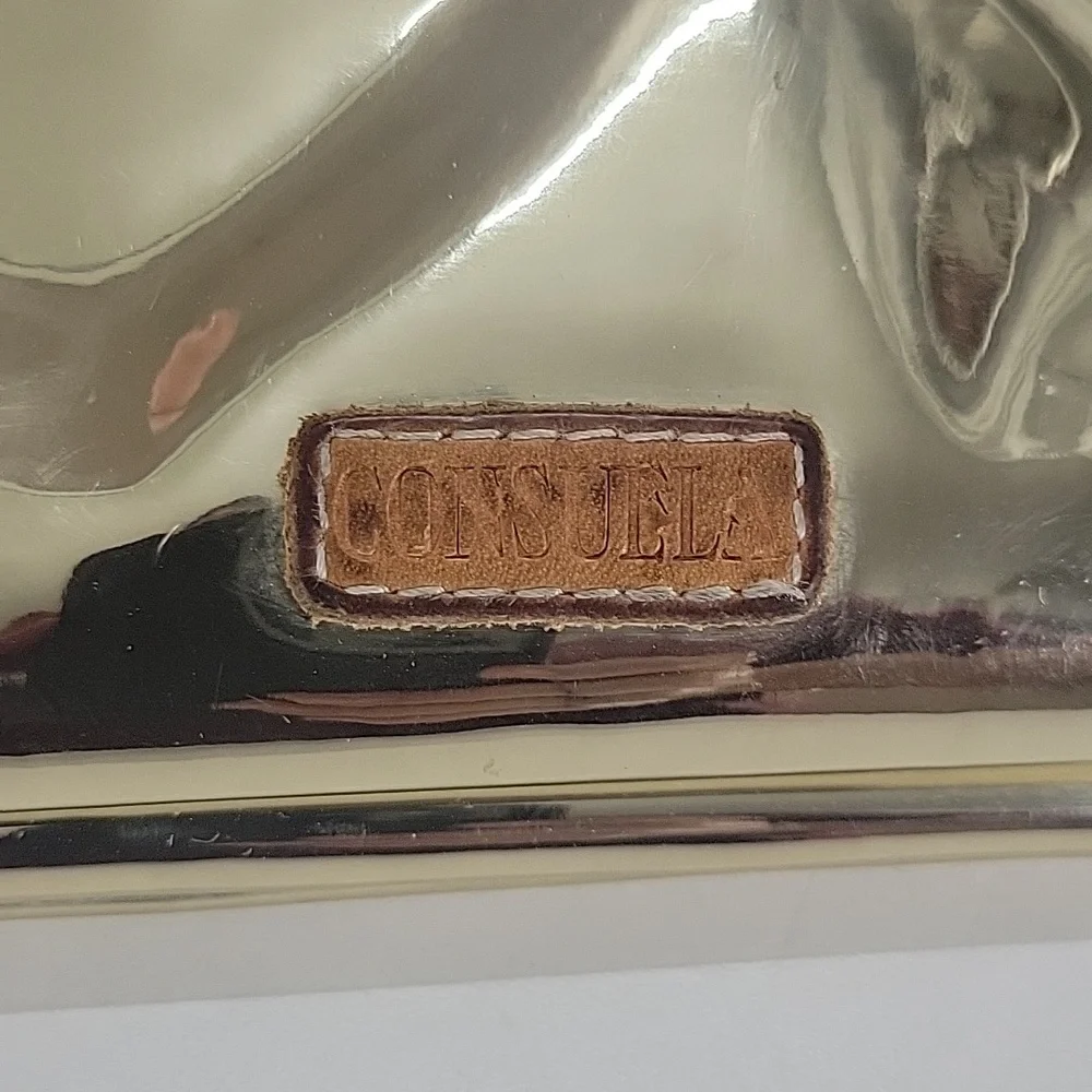 Consuela Metallic Gold PVC Clutch Wallet with Brown Leather Trim